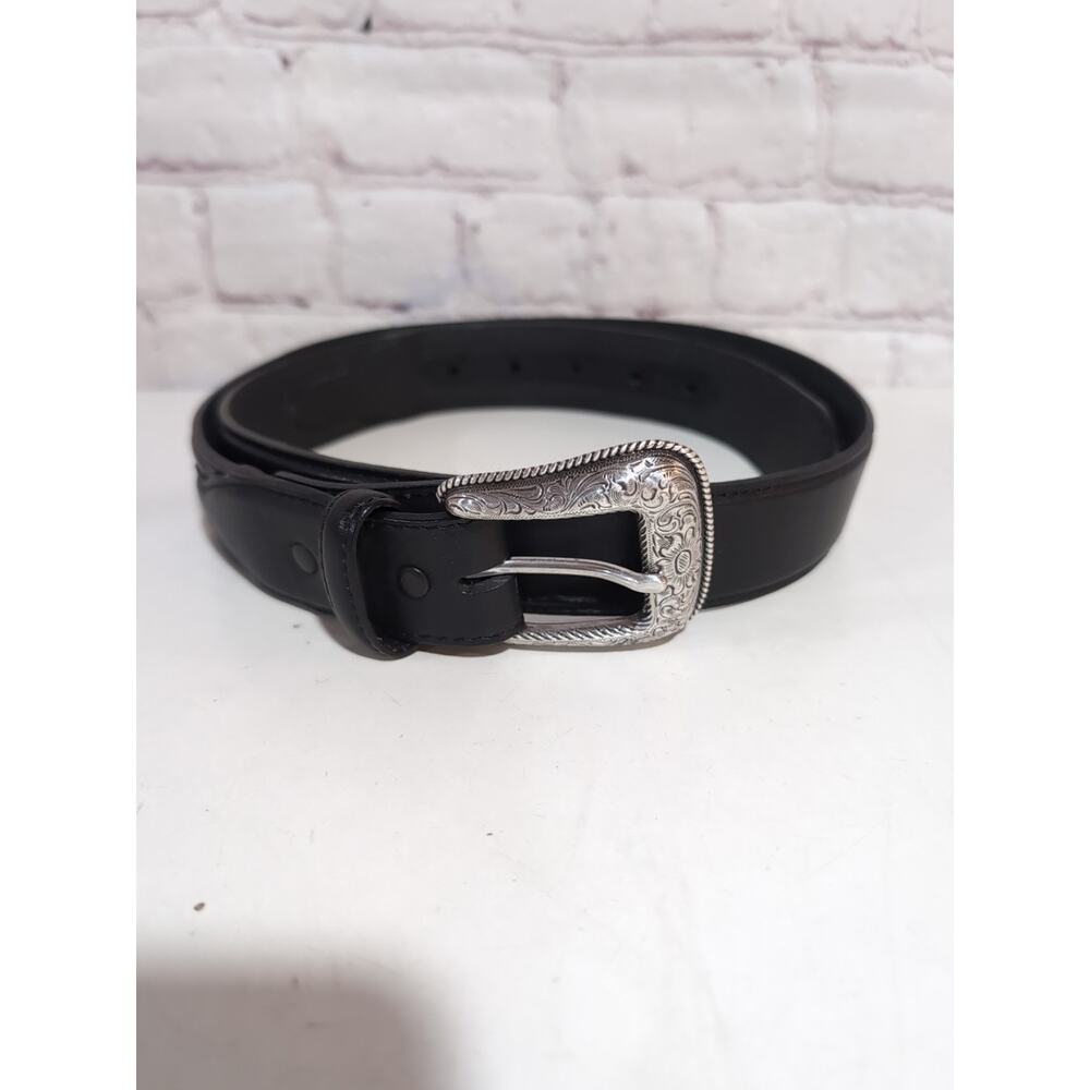 Nocona Belt Co Western Belt Mens Size 36 Black Leather Silver Tone Scroll Buckle